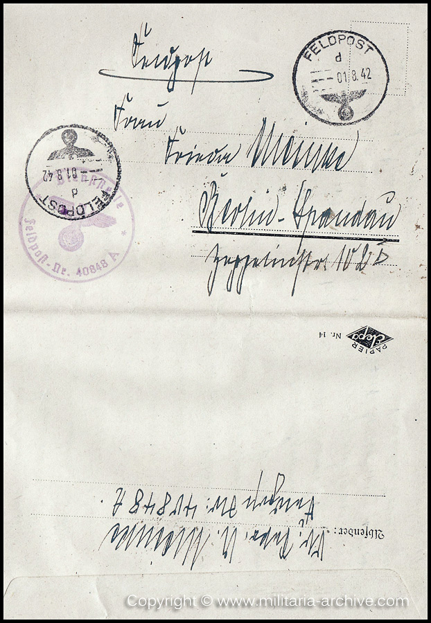 Collection of over180 items of Feldpost, Letters, Postcards, Telegraphs belonging to Polizei Obersekretär Adolf Meinke. The period covered includes 3.Komp, Pol.Btl.181, Polizei-Bataillon 2, 1. Kompanie Pol.Rgt 1, Pol.Rgt 14.